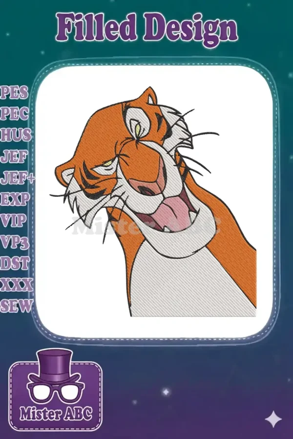 A vibrant, detailed machine embroidery design of Shere Khan from The Jungle Book, showcasing his menacing grin and iconic stripes.