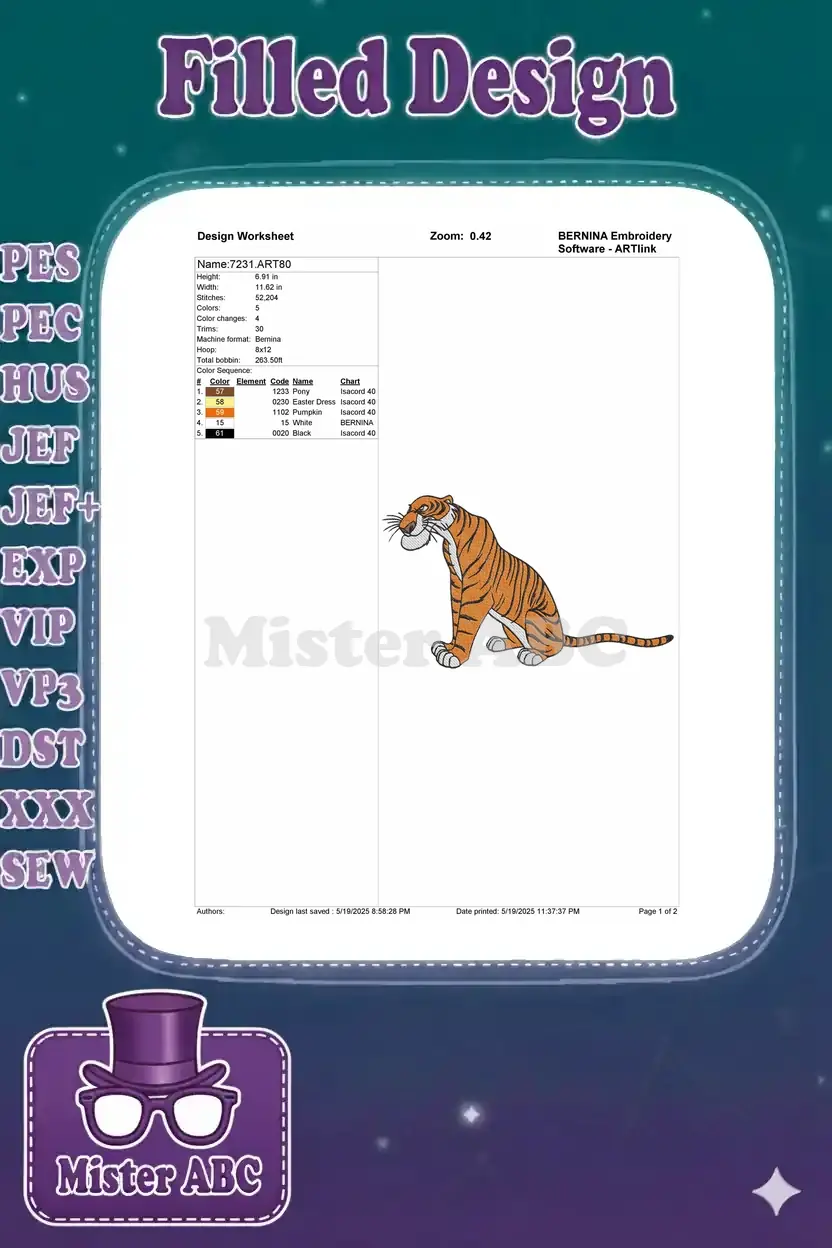 Embroidery design worksheet for Shere Khan, detailing dimensions, stitch count, color sequence, and thread types.
