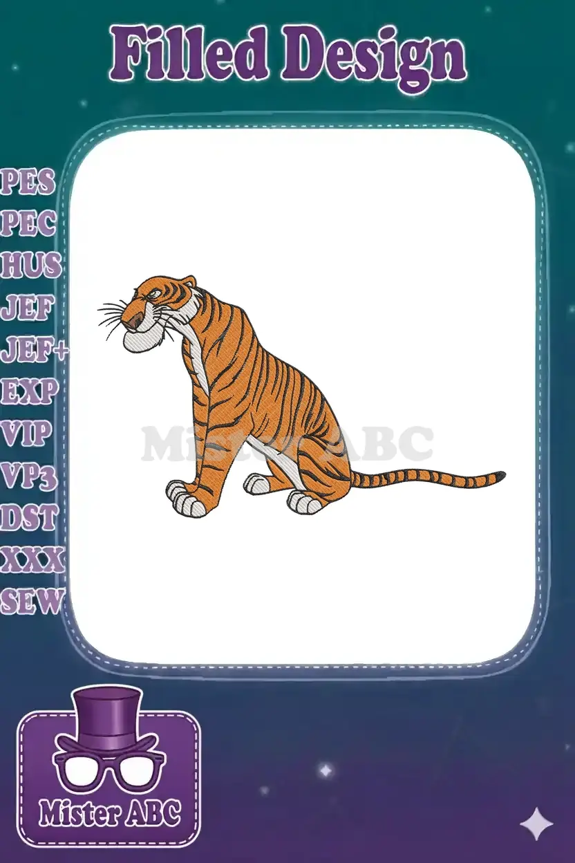 Detailed embroidery design of Shere Khan, the tiger from Disney's Jungle Book, sitting majestically.