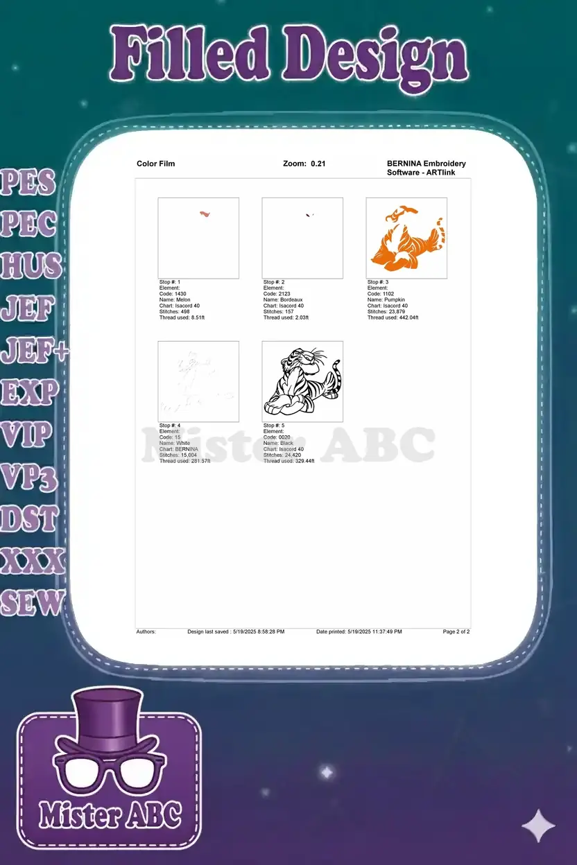 Color film breakdown for the Shere Khan embroidery, showing stitch sequence and thread usage for each color stop.