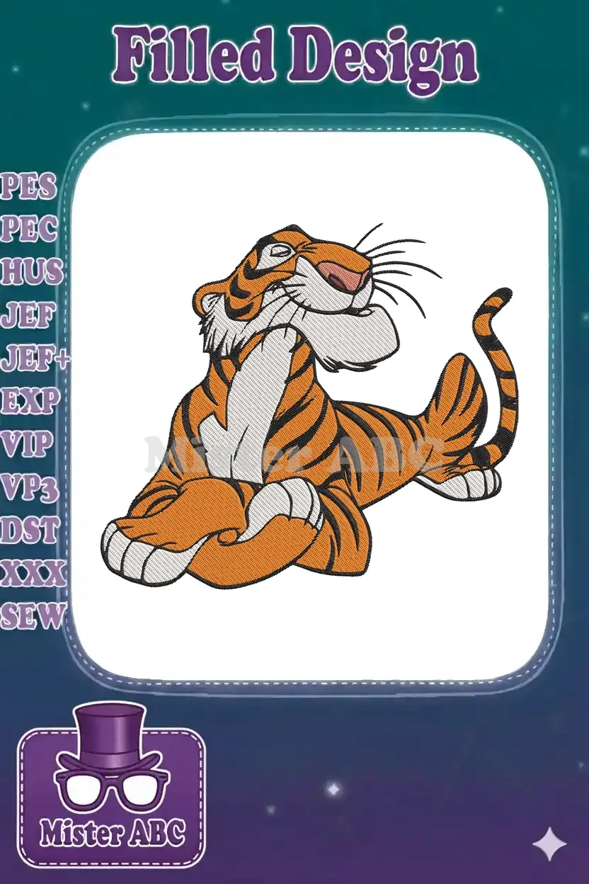 Digital embroidery design of Shere Khan, the tiger from The Jungle Book, relaxed and smiling with closed eyes.