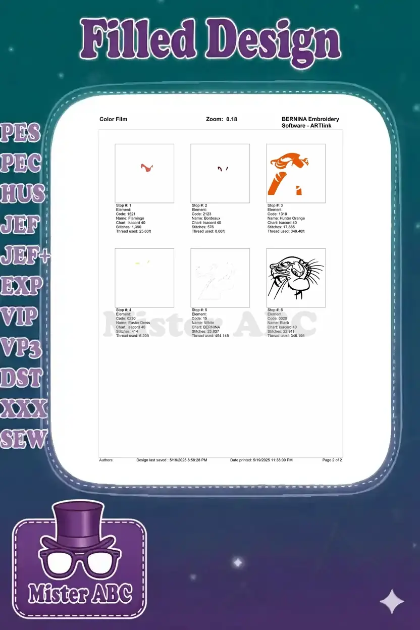 Color film breakdown for Shere Khan embroidery, illustrating each individual color's stitching sequence.