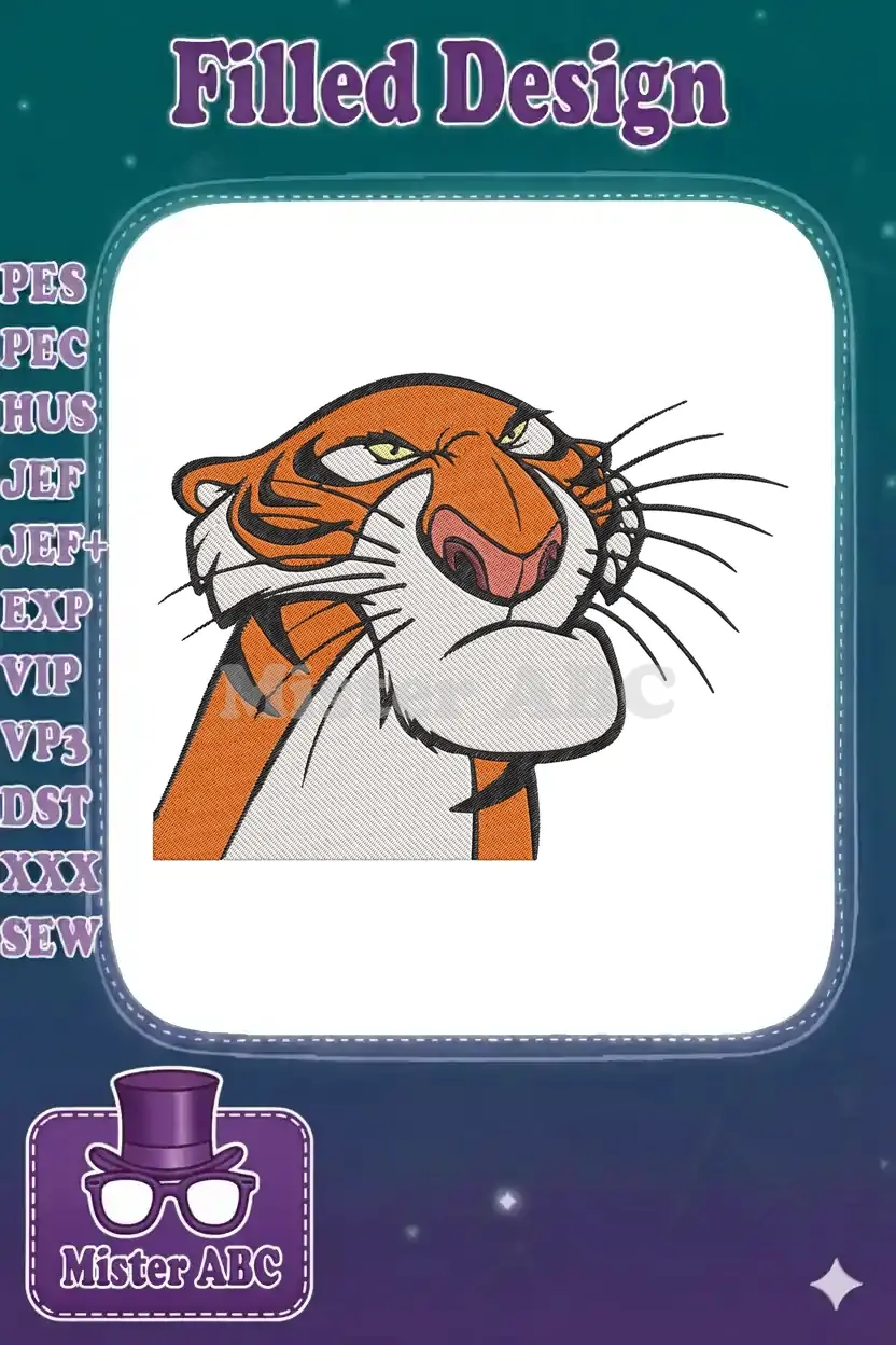 Close-up of Shere Khan, the fierce tiger from Jungle Book, as a detailed embroidery design with vivid colors.
