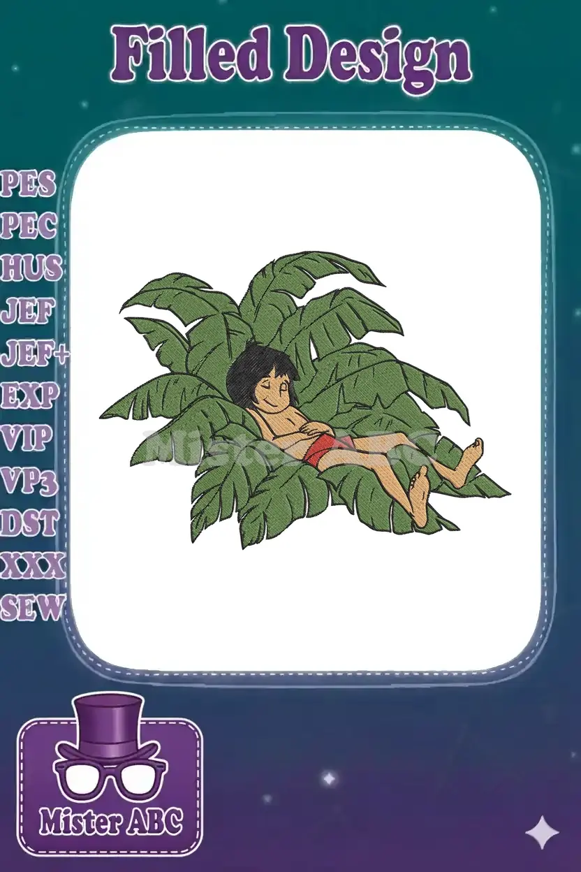 Mowgli, the jungle boy, peacefully napping amidst large green palm leaves, an iconic Disney character design.