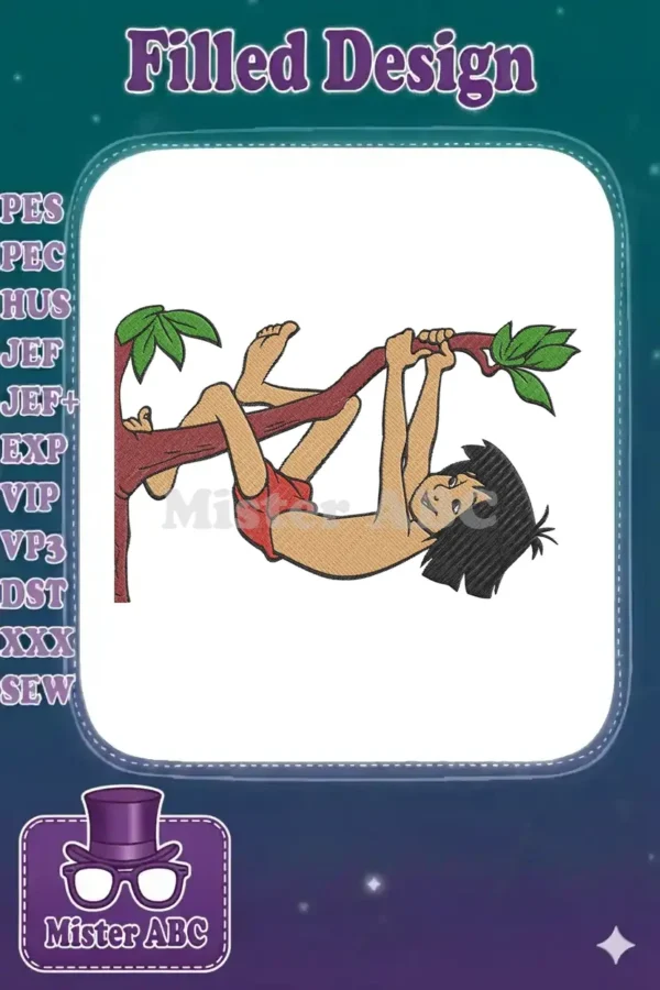Mowgli, the adventurous boy from the jungle, is depicted swinging playfully from a sturdy tree branch.