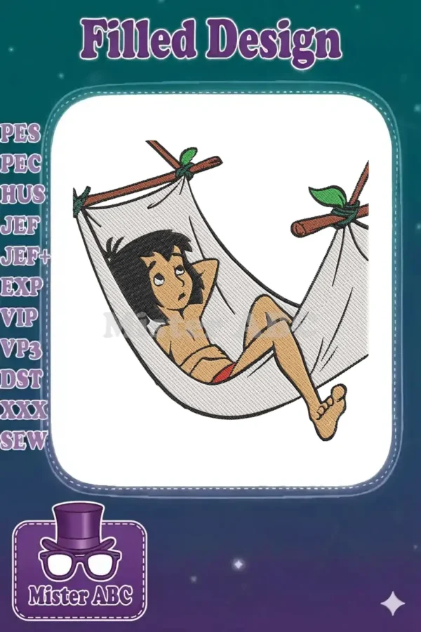 Mowgli from The Jungle Book relaxing peacefully in a hammock, a vibrant and detailed embroidery design.
