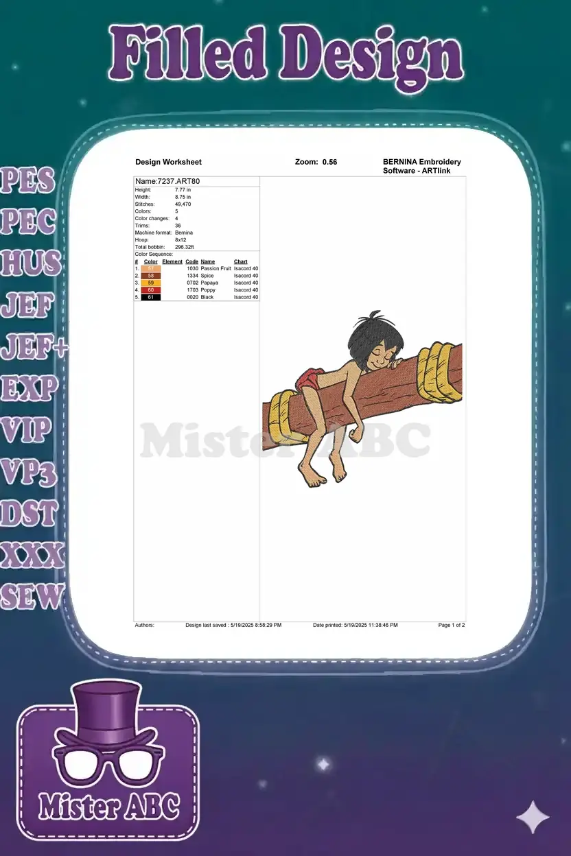 BERNINA Design Worksheet for the Mowgli embroidery, detailing dimensions, stitch count, colors, and thread info.