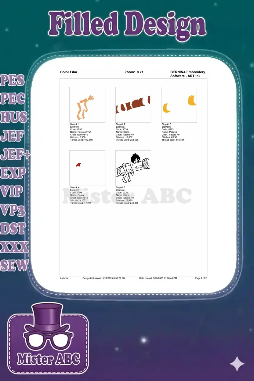 BERNINA Color Film showing the step-by-step embroidery process for the Mowgli design by color sequence.