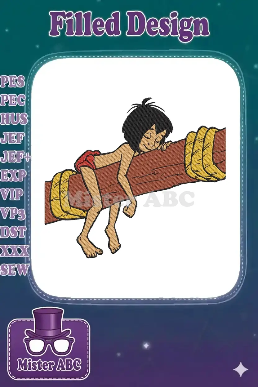Mowgli from Disney's The Jungle Book, peacefully sleeping on a brown tree branch wrapped in yellow vines.