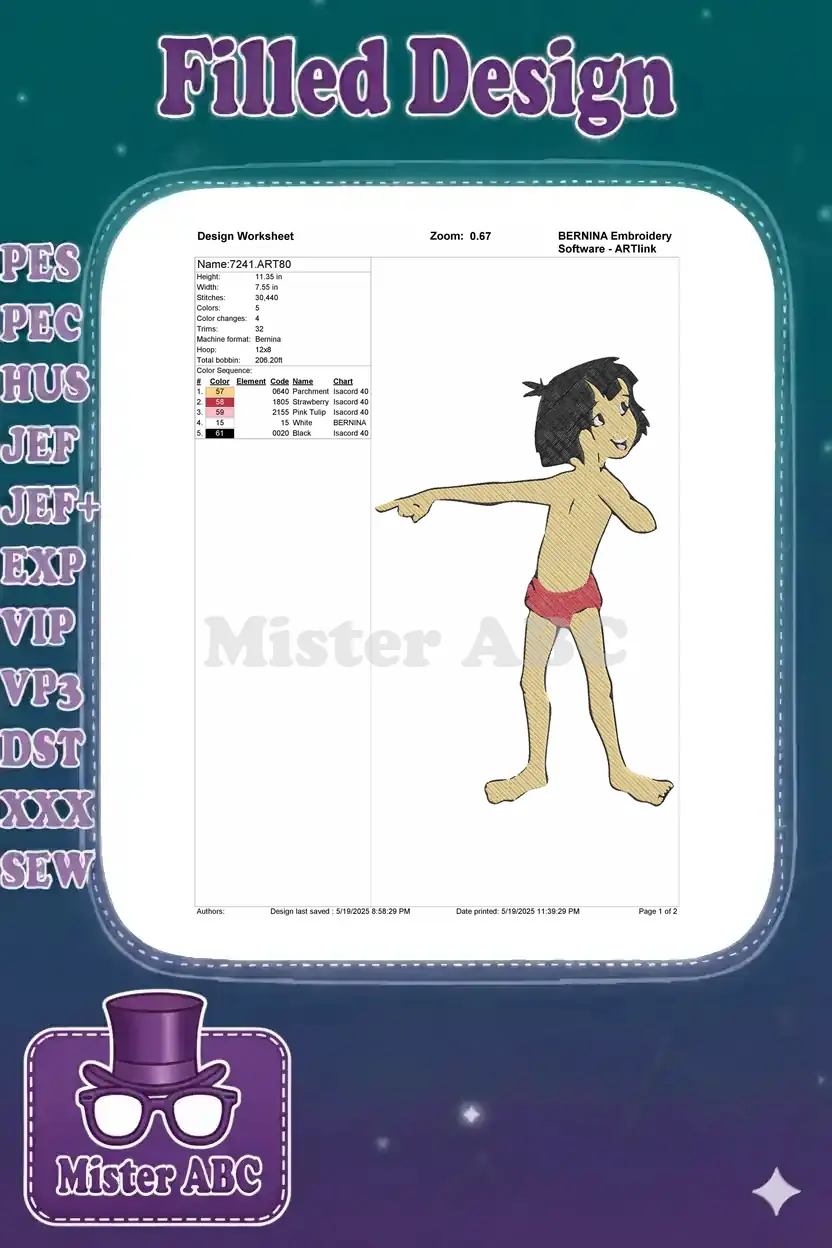 Embroidery design worksheet for Mowgli, detailing dimensions, stitch count, color sequence, and machine compatibility.