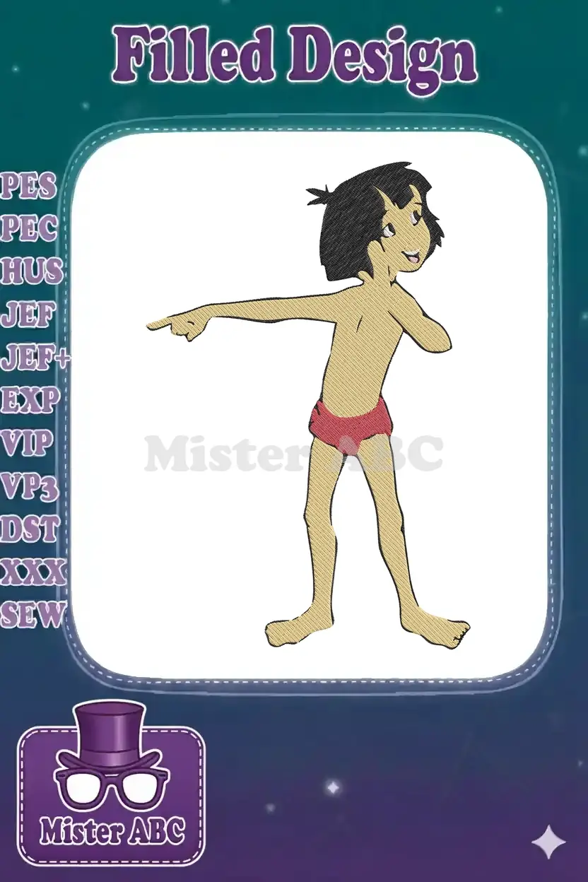 Digitized embroidery design of Mowgli from The Jungle Book, a young boy in red shorts, pointing confidently.