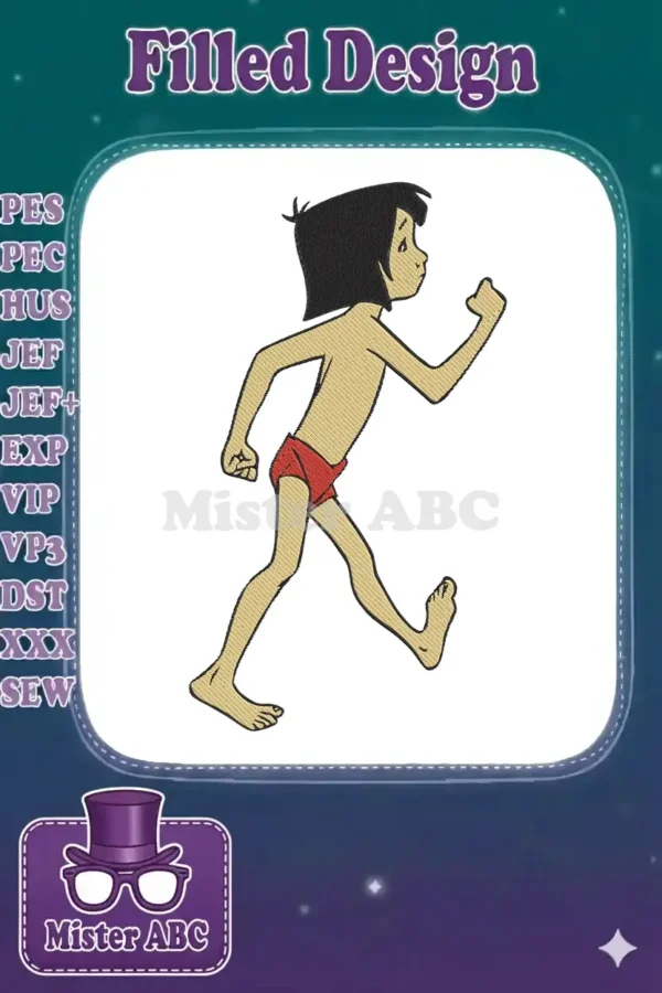 Mowgli from The Jungle Book, depicted in a lively running pose, ready for your next embroidery project.