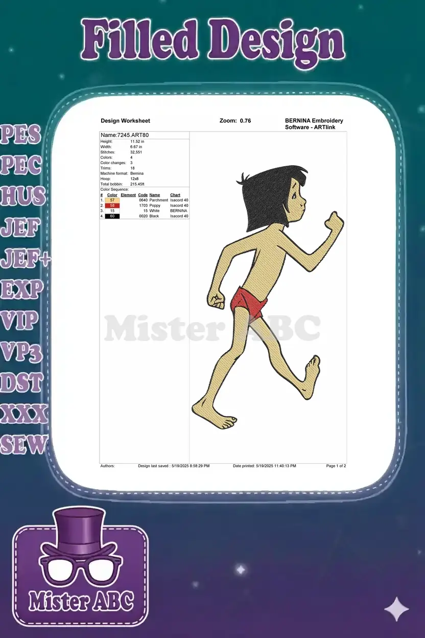 Mowgli embroidery design worksheet showing dimensions, stitch count, color sequence, and machine info.