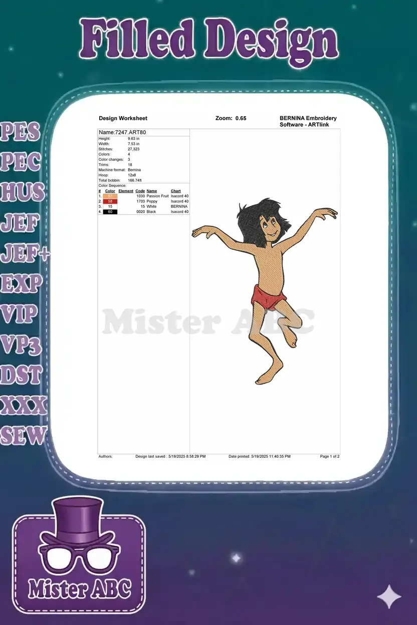 Detailed embroidery design worksheet showing Mowgli, including dimensions, stitch count, colors, and machine format.