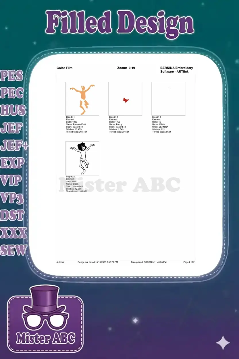 Embroidery color film with four steps, illustrating the stitch order and thread usage for each color in the Mowgli design.