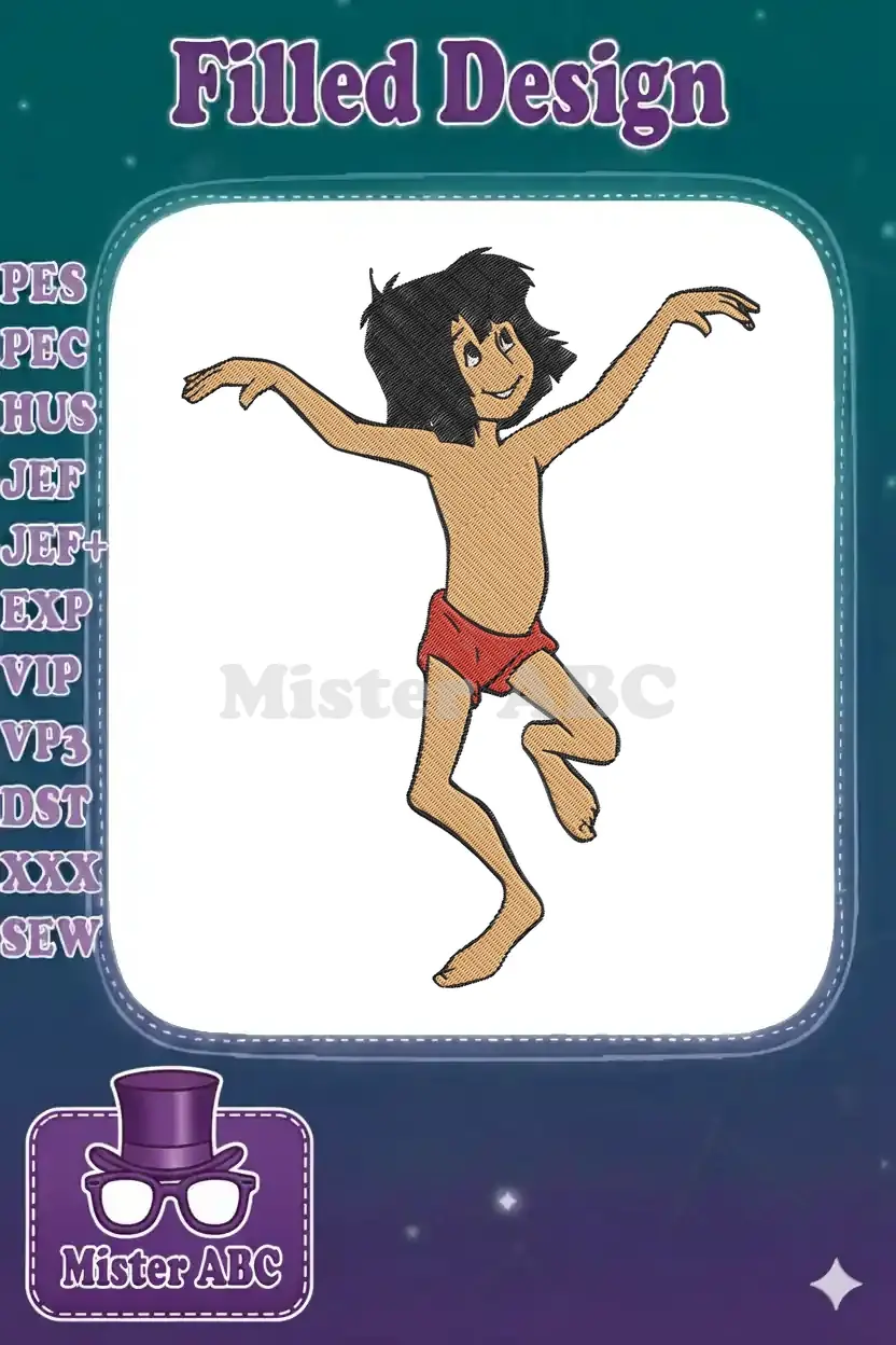 A charming embroidery of Mowgli from The Jungle Book, captured mid-dance with arms outstretched, full of youthful joy.