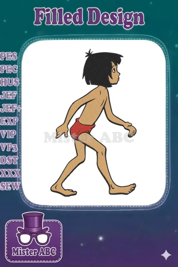 Mowgli from The Jungle Book, an embroidery design featuring the boy in a red loincloth walking right.