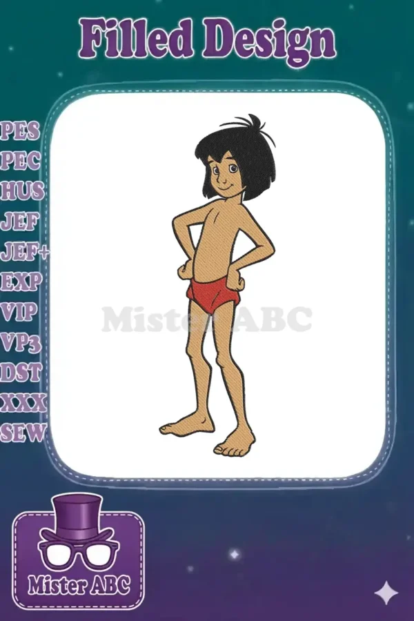 Full-body embroidery design of Mowgli from The Jungle Book, standing confidently with hands on hips, in vibrant colors.