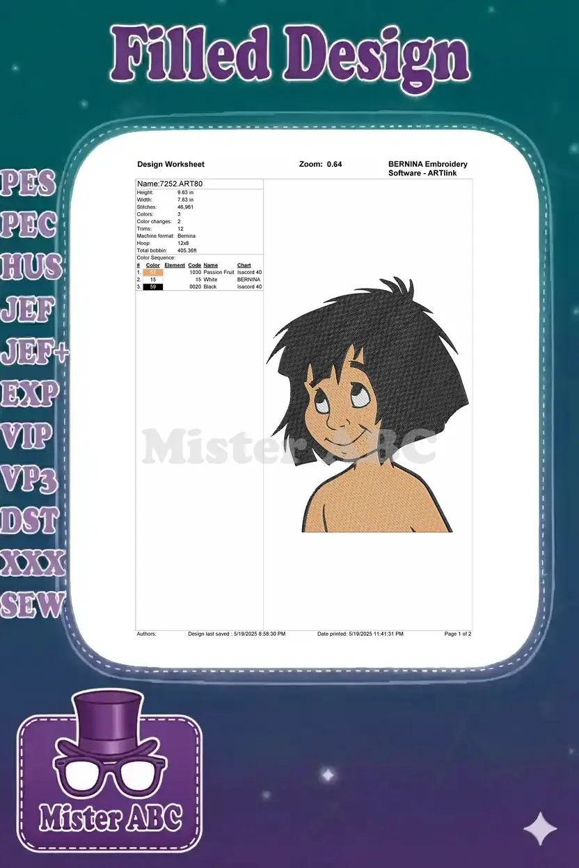 An embroidery design worksheet for Mowgli, detailing dimensions, stitch count, color sequence, and machine format.
