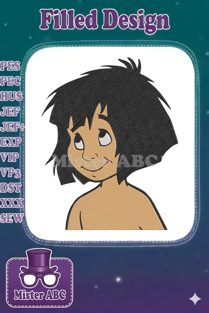 A close-up embroidery design of Mowgli from The Jungle Book, featuring his iconic smile and upward gaze.