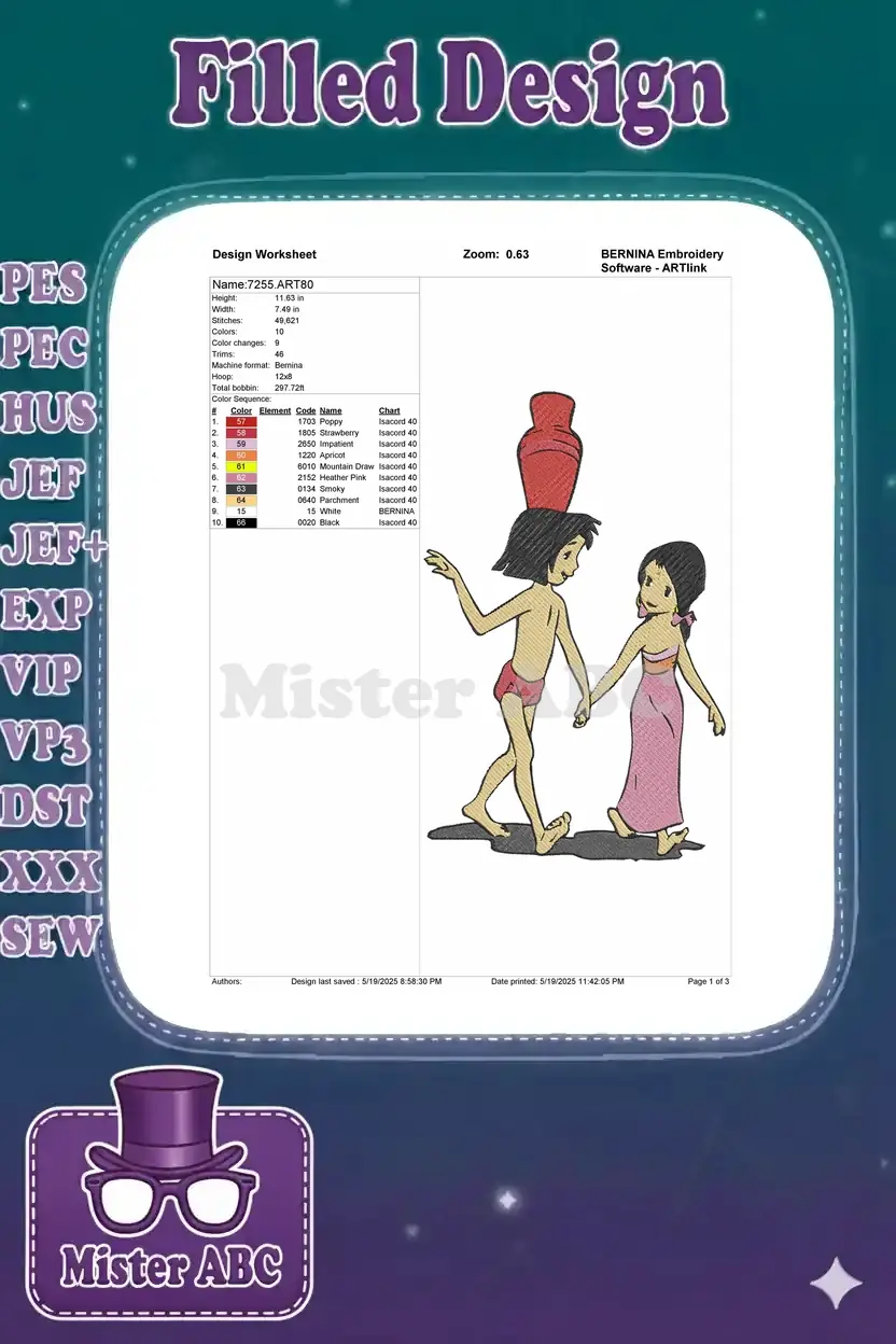 Embroidery design worksheet for Mowgli and Shanti, detailing stitch count, colors, dimensions, and machine format.