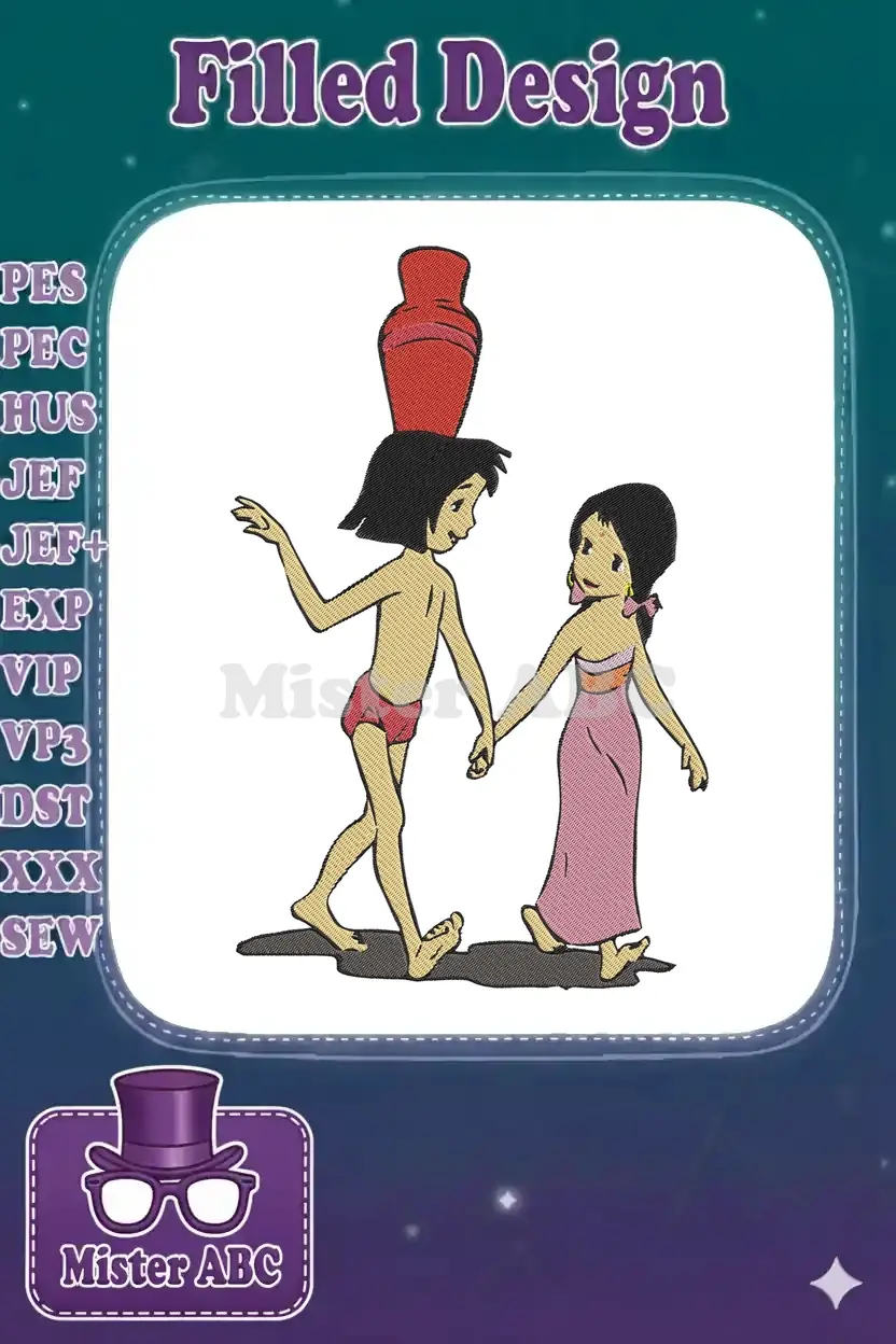 Mowgli and Shanti from The Jungle Book holding hands, with Shanti balancing a pot. A delightful embroidery design.