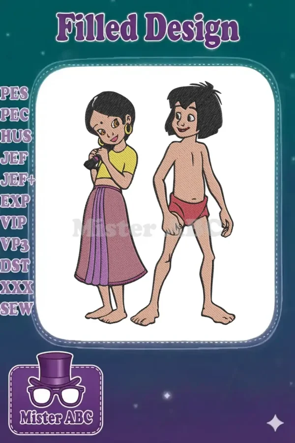 Full-color machine embroidery design of Mowgli and Shanti, standing together with friendly expressions.