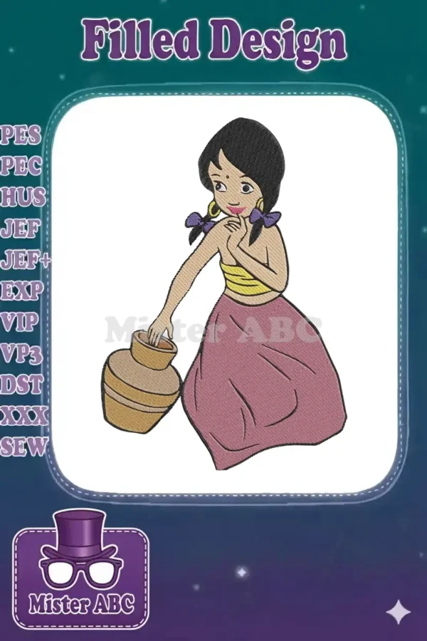 Shanti, the charming girl from The Jungle Book, depicted in a vibrant, high-quality embroidery design, holding a clay pot.