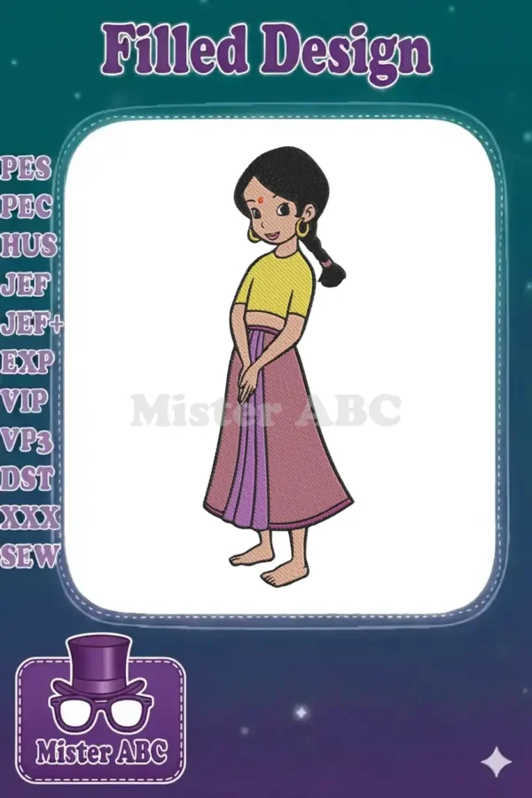 Vibrant embroidery of a young Indian girl with a braid, bindi, and traditional dress, ready to adorn your textiles.