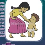 Loving Mother and Baby Learning Cartoon Embroidery Designs - Instant Download