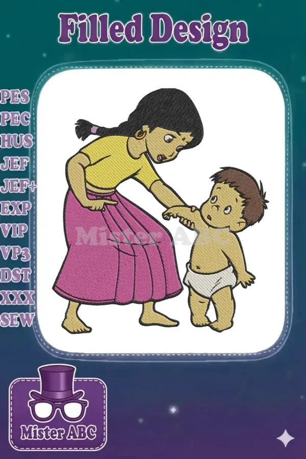 A vibrant embroidery of Mowgli, a young boy, holding hands with his adoptive human mother, on a white background.