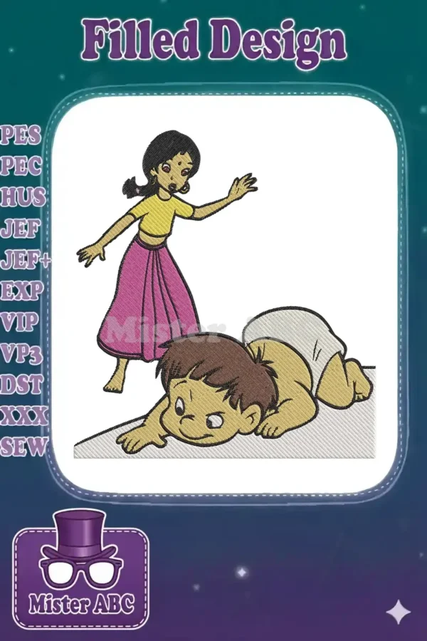 Vibrant embroidery of Shanti reaching for a crawling baby Mowgli, capturing a sweet Jungle Book moment.