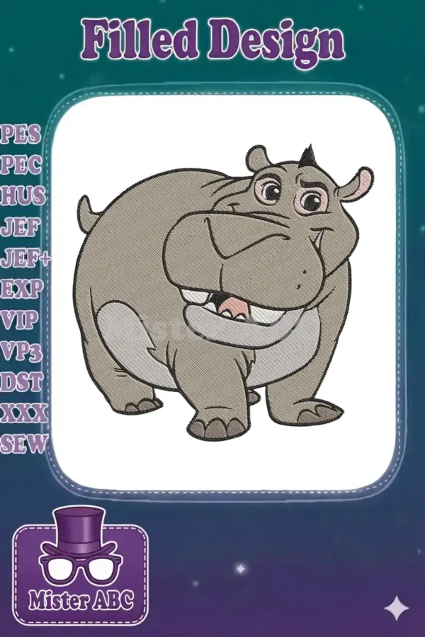 Close-up of a cheerful, detailed embroidery design featuring Beshte, the friendly hippo from The Lion Guard.