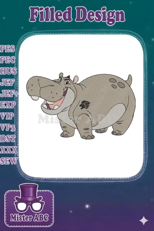 A cheerful cartoon hippo, Beshte from The Lion Guard, with a wide smile and detailed embroidery stitches.