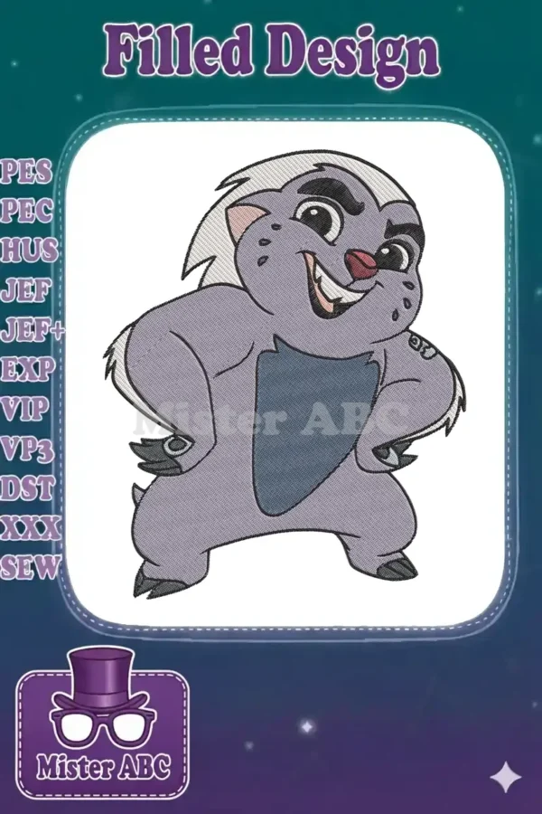 Bunga from The Lion Guard embroidery design, a cheerful honey badger standing confidently with a wide grin.