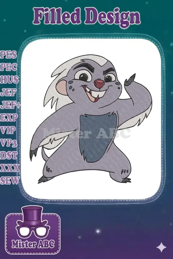 Colorful embroidery design of Bunga from The Lion Guard, a badger-like character, smiling and waving cheerfully.