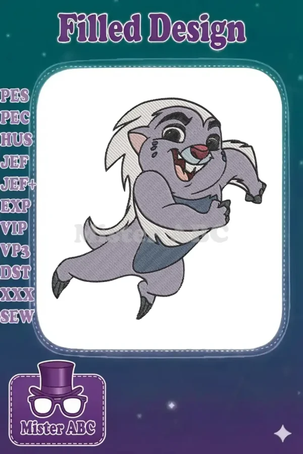Bunga from The Lion Guard embroidery design, a lively honey badger running with a wide, happy grin and open mouth.