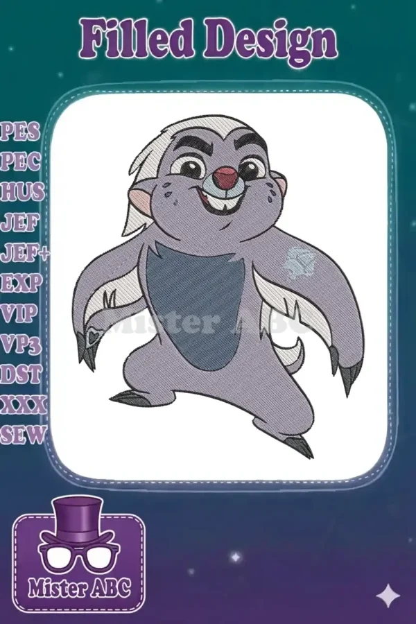 A detailed embroidery design featuring Bunga from The Lion Guard, showcasing his cheerful expression and signature mark.