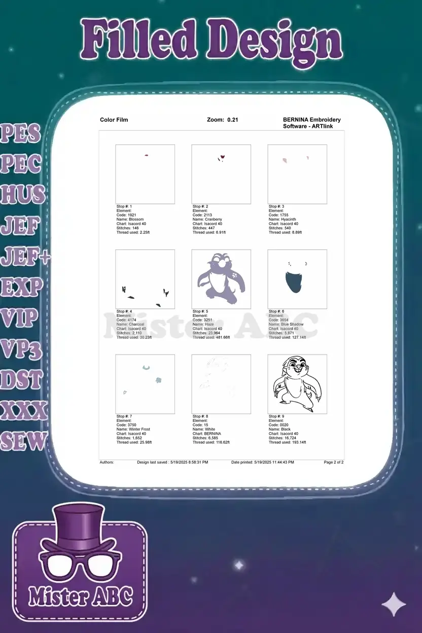 Color film sequence for Bunga embroidery, illustrating each of the 9 color stops and thread usage details.