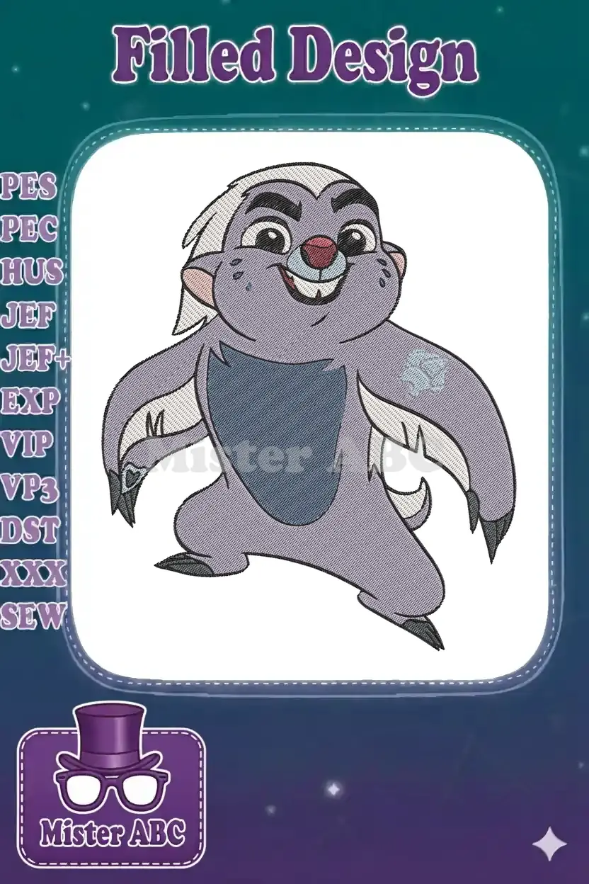 A detailed embroidery design featuring Bunga from The Lion Guard, showcasing his cheerful expression and signature mark.
