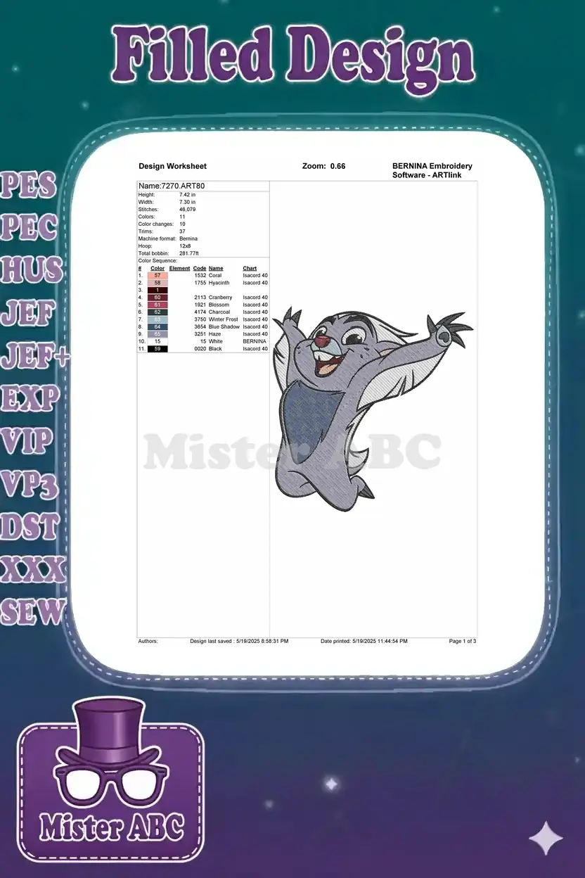 Embroidery design worksheet for Bunga, detailing dimensions, stitch count, thread colors, and machine format.