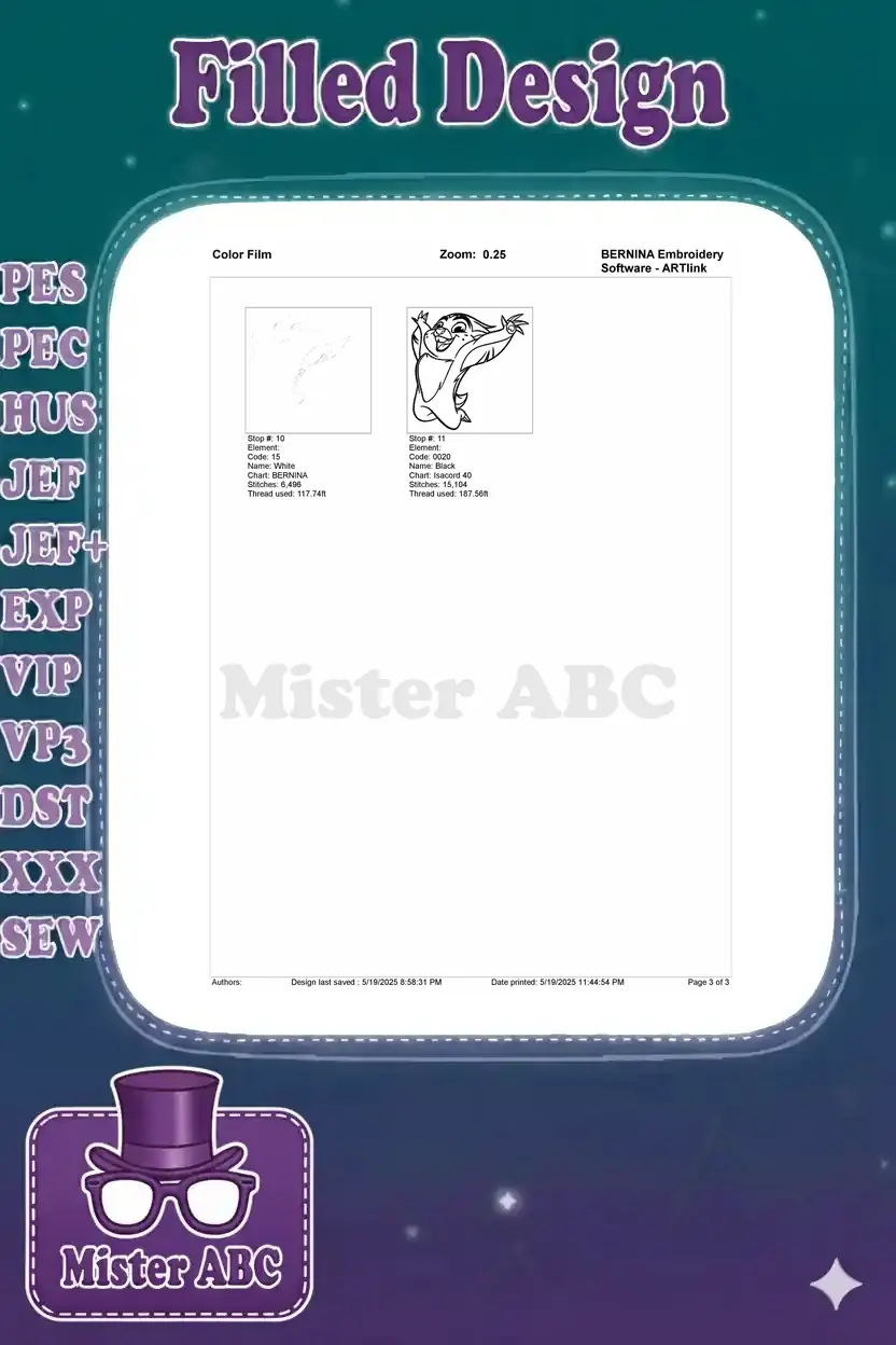 Second page of the color film for the Bunga embroidery, showing final thread stops and outlines.