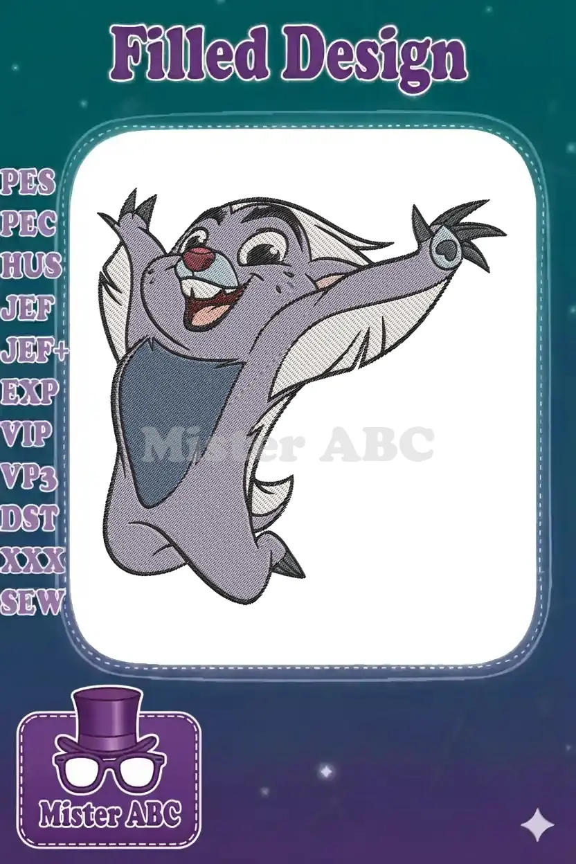 Cheerful Bunga from The Lion Guard embroidery design, arms wide open, featuring vibrant purple-grey and white.