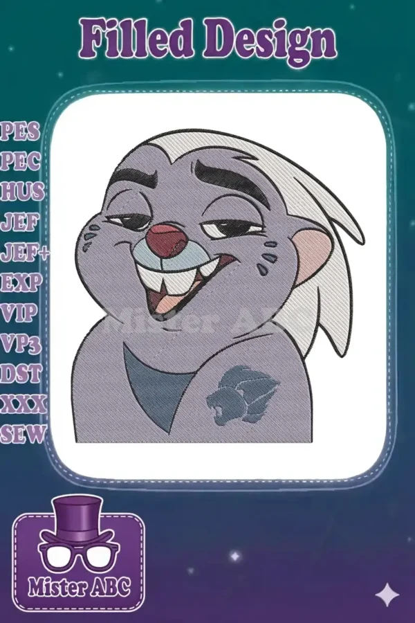Close-up embroidery of Bunga from The Lion Guard, featuring his mischievous grin, purple fur, and white mane.