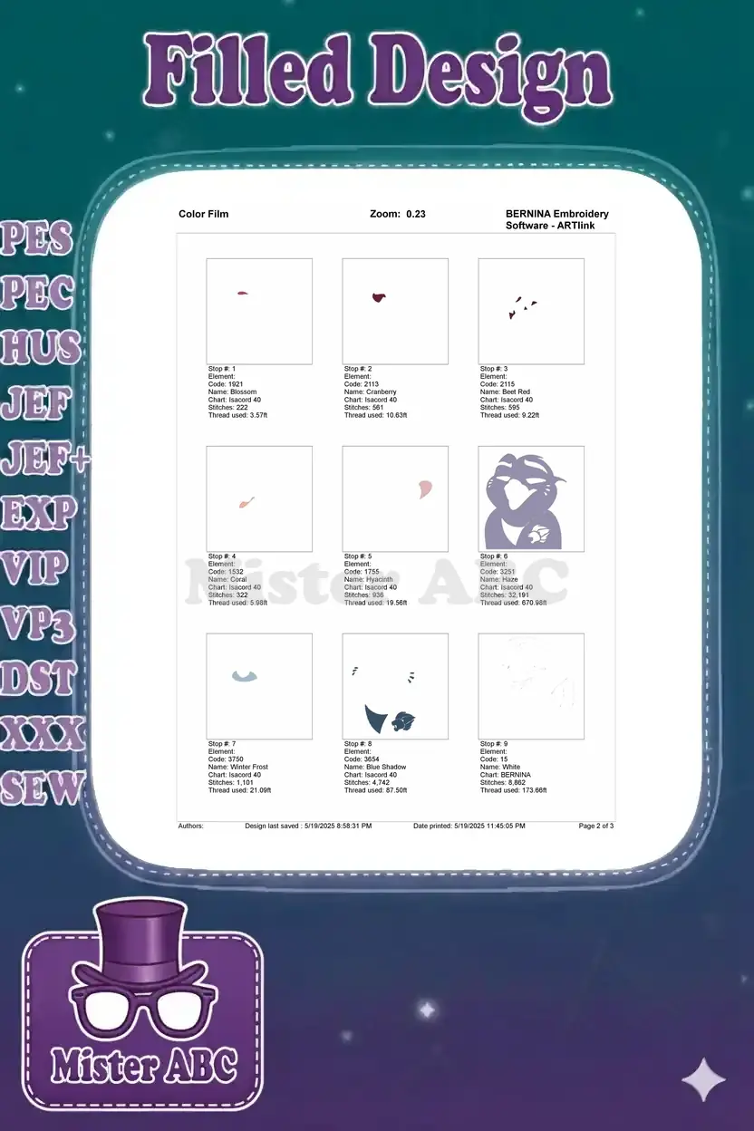 Page 2 of the color film document, illustrating individual stitch layers and thread usage for the Bunga design.
