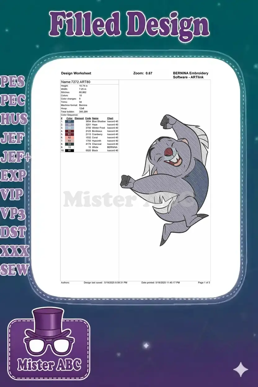 Embroidery design worksheet for Bunga, showing dimensions, stitch count, color sequence, and thread details.