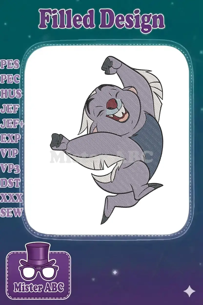 Energetic Bunga from The Lion Guard jumping joyfully, a vibrant embroidery design on a white background.