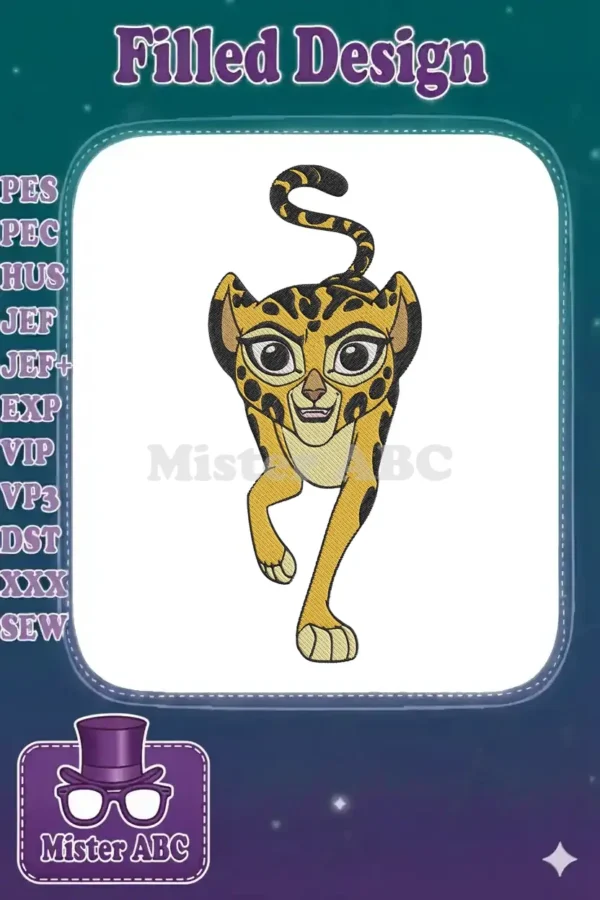 Vibrant Fuli the cheetah from The Lion Guard embroidery design, poised dynamically with intricate spot details.