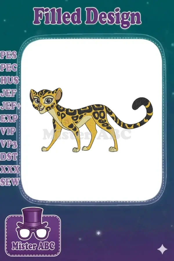 Fuli, the speedy cheetah from The Lion Guard, captured in a detailed and vibrant embroidery design, ready to stitch.