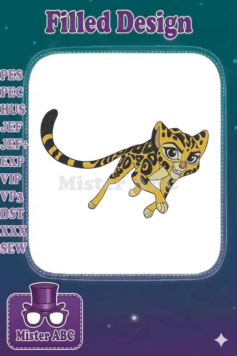 An energetic Fuli embroidery design, depicting the swift cheetah from The Lion Guard in a dynamic, running pose.